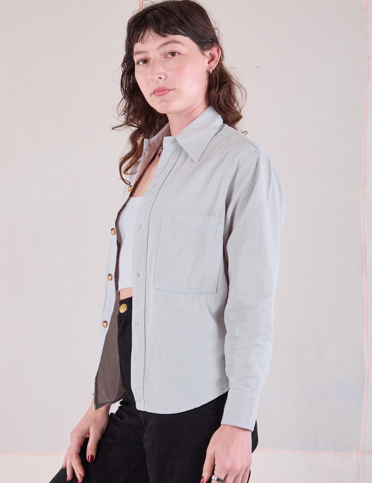 Cropped Overshirt in Stone White angled front view on Alex