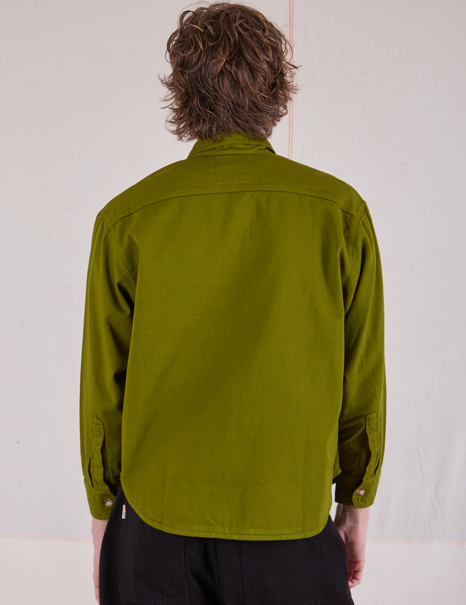 Cropped Overshirt in Summer Olive back view on Quinn