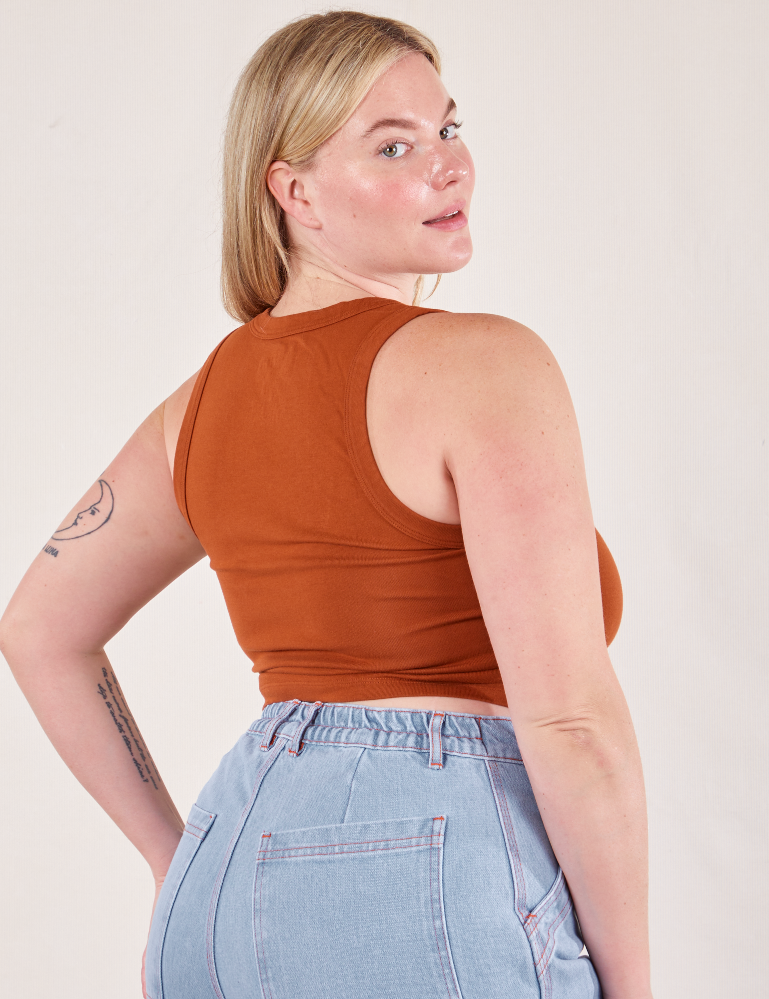 Cropped Tank Top in Burnt Terracotta angled back view on Lish