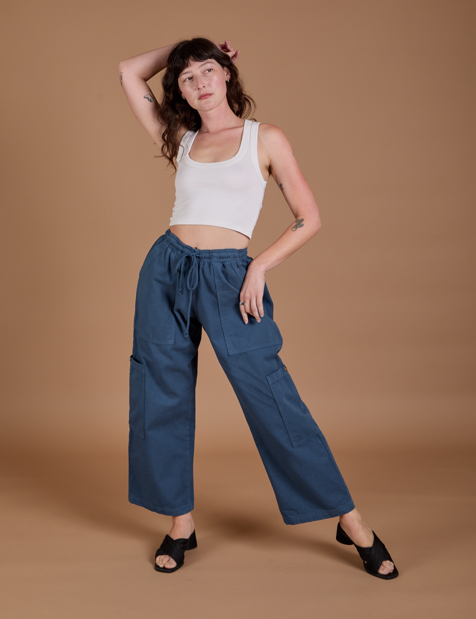 Drop Pocket Cargo Pants in French Blue and Cropped Tank in vintage tee white on Alex