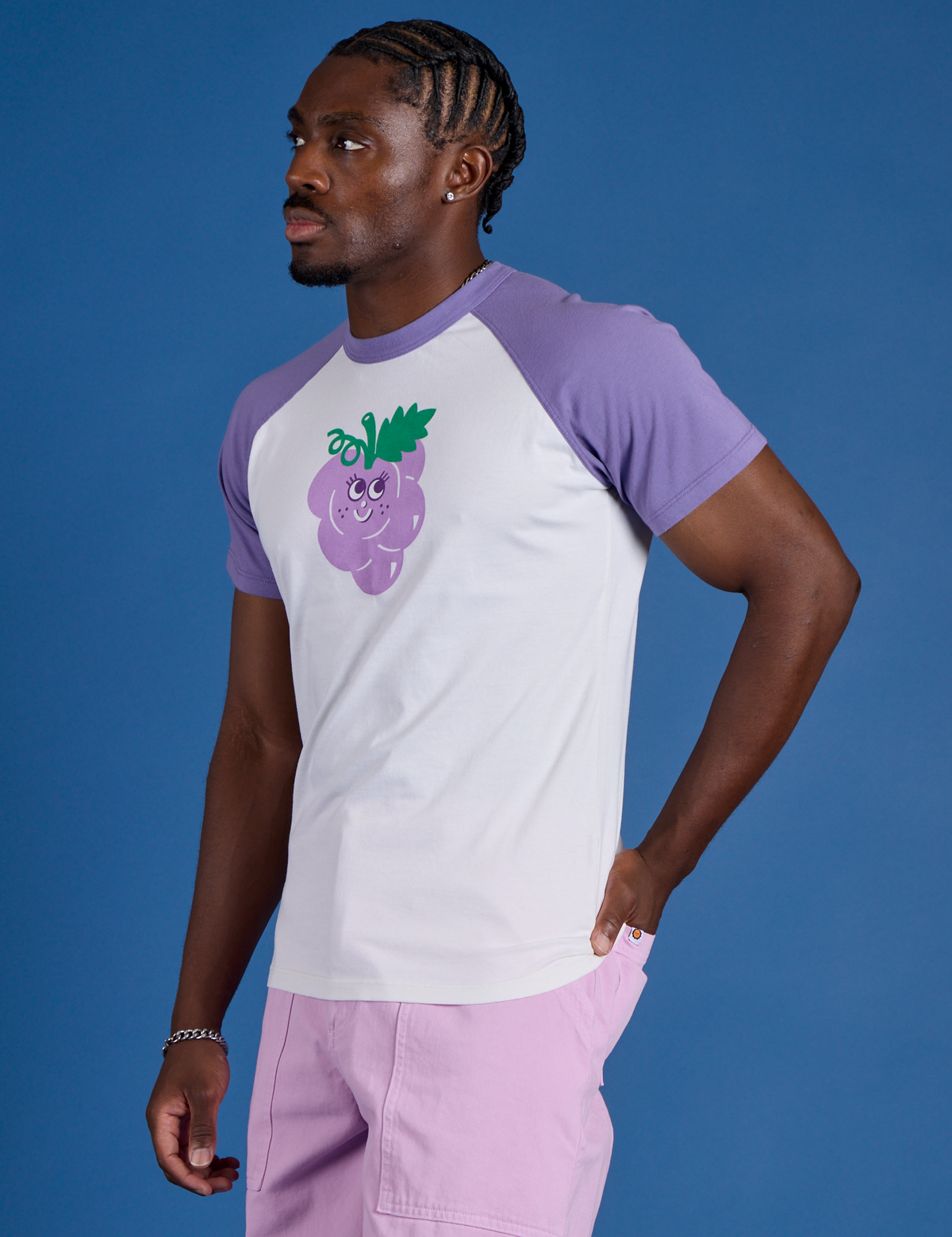 Produce Raglan Tee in Grape angled front view on Isaac