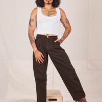 Jesse is 5'8" and wearing XXS Heavyweight Trousers in Espresso Brown paired with vintage off-white Cropped Tank Top