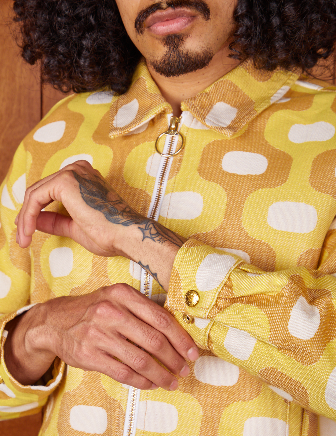 Front close up of Jacquard Ricky Jacket in Yellow worn by Jesse