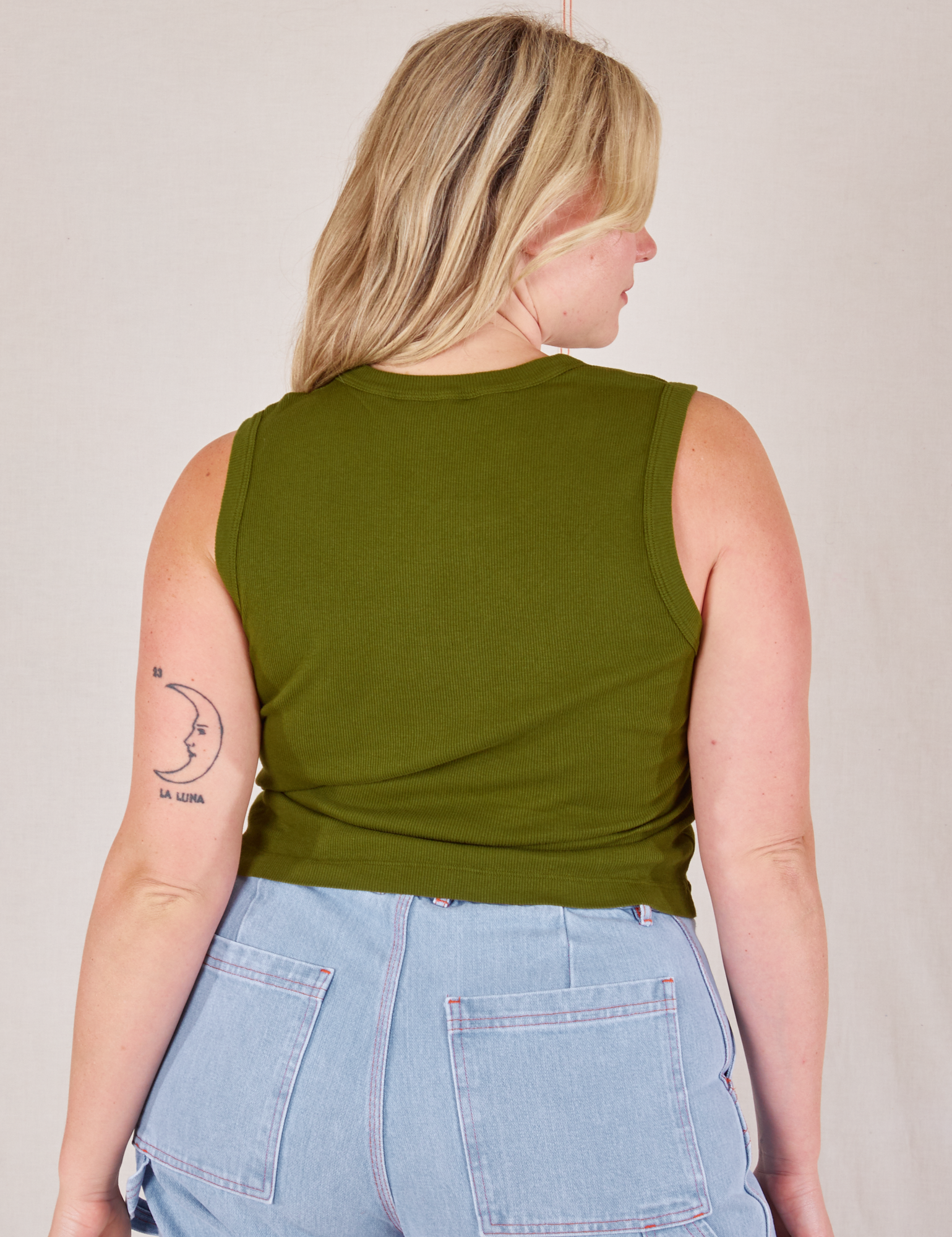 Muscle Tee in Summer Olive back view on Lish