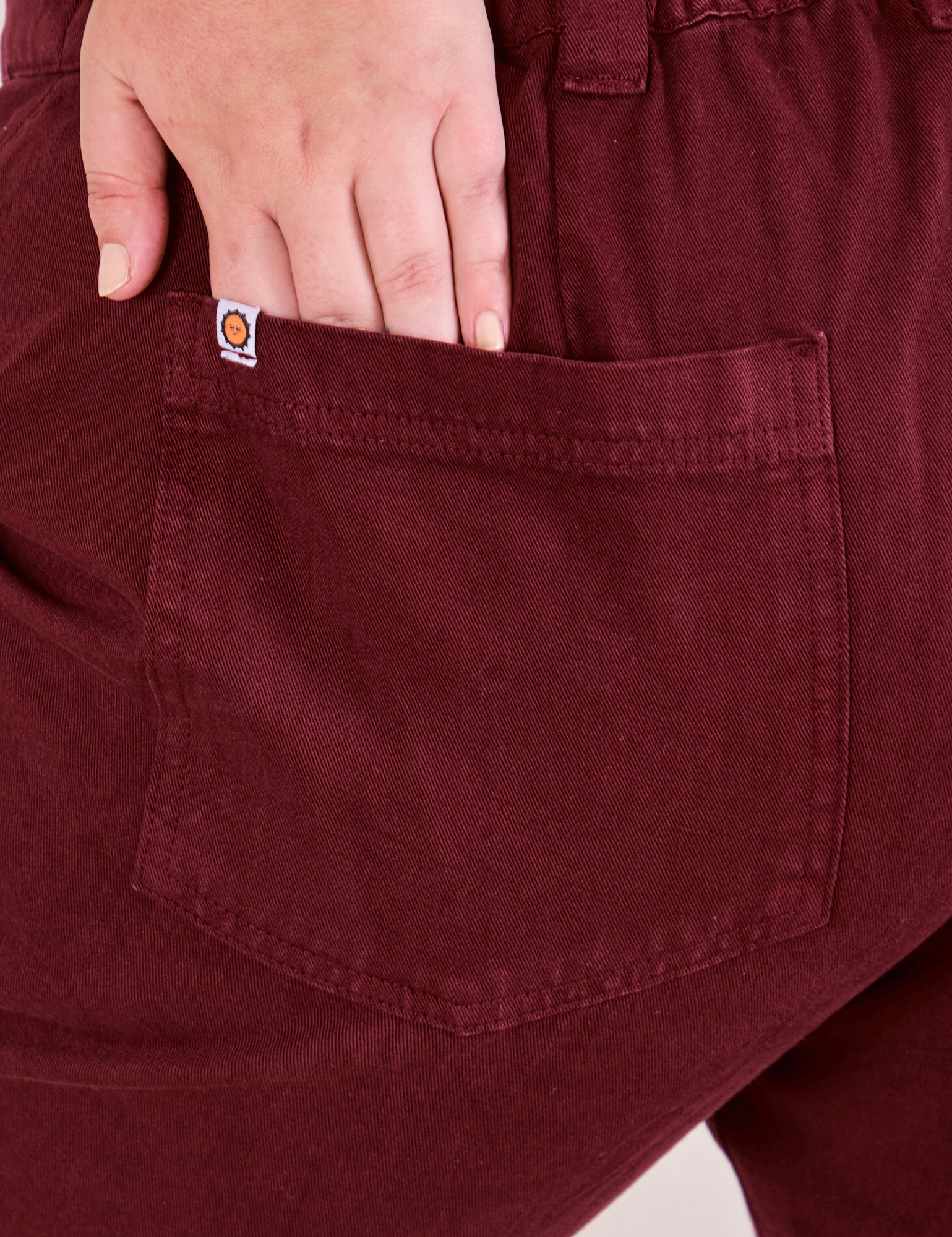 Mid-Rise Work Pants in Red Wine back pocket close up