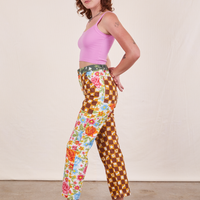 Side view of Mismatched Print Work Pants and bubblegum pink Cropped Cami worn by Alex