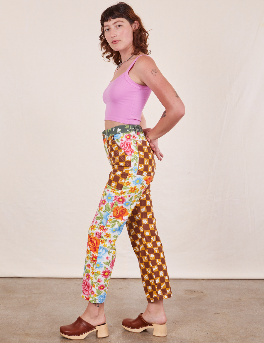 Side view of Mismatched Print Work Pants and bubblegum pink Cropped Cami worn by Alex