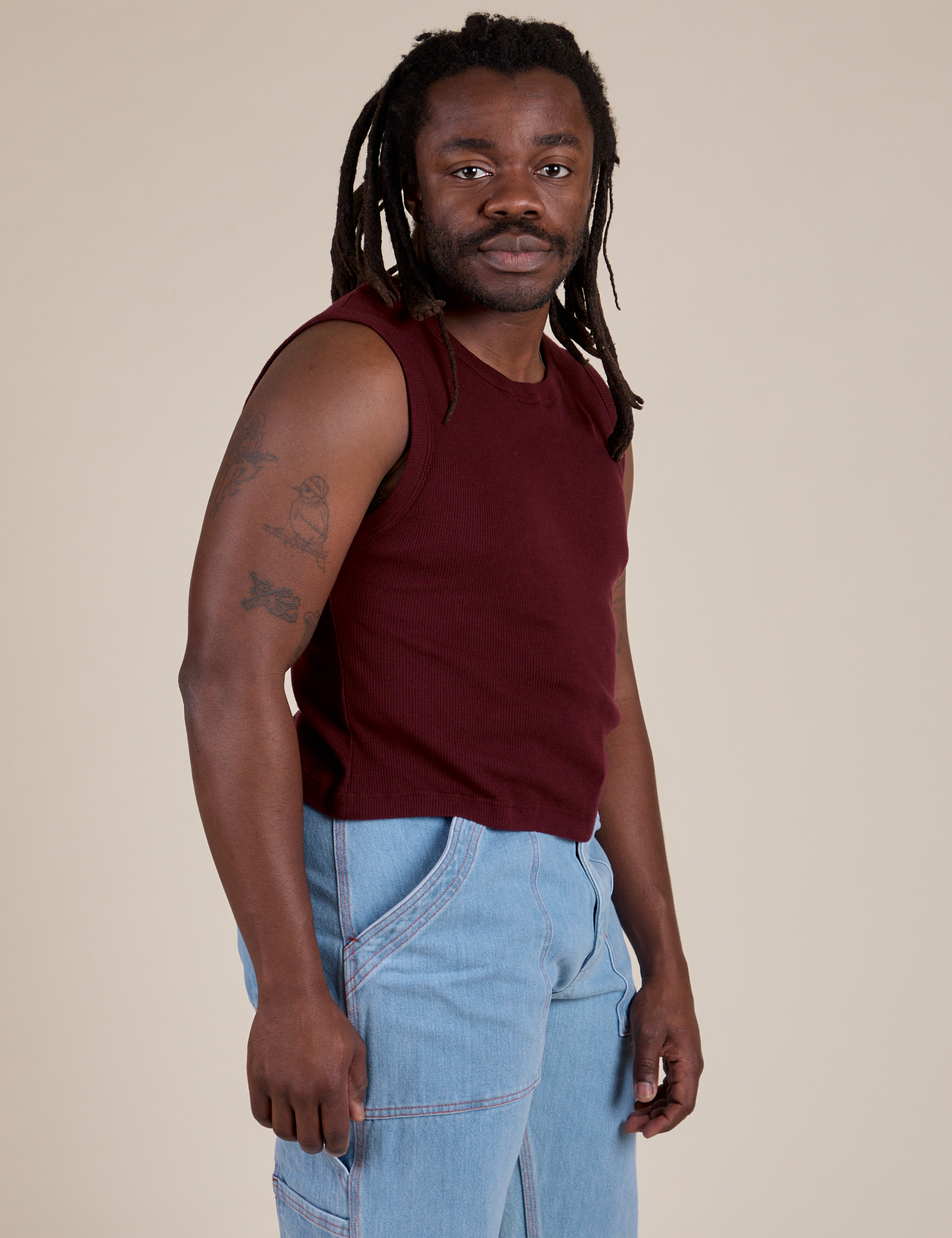 Angled front view of Muscle Tee in Red Wine on Demi