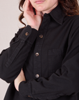 Twill Overshirt in Basic Black close up on Alex