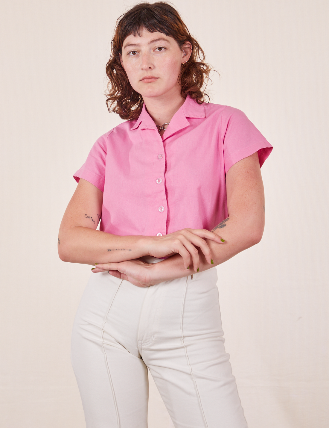 Alex is wearing Pantry Button-Up in Bubblegum Pink