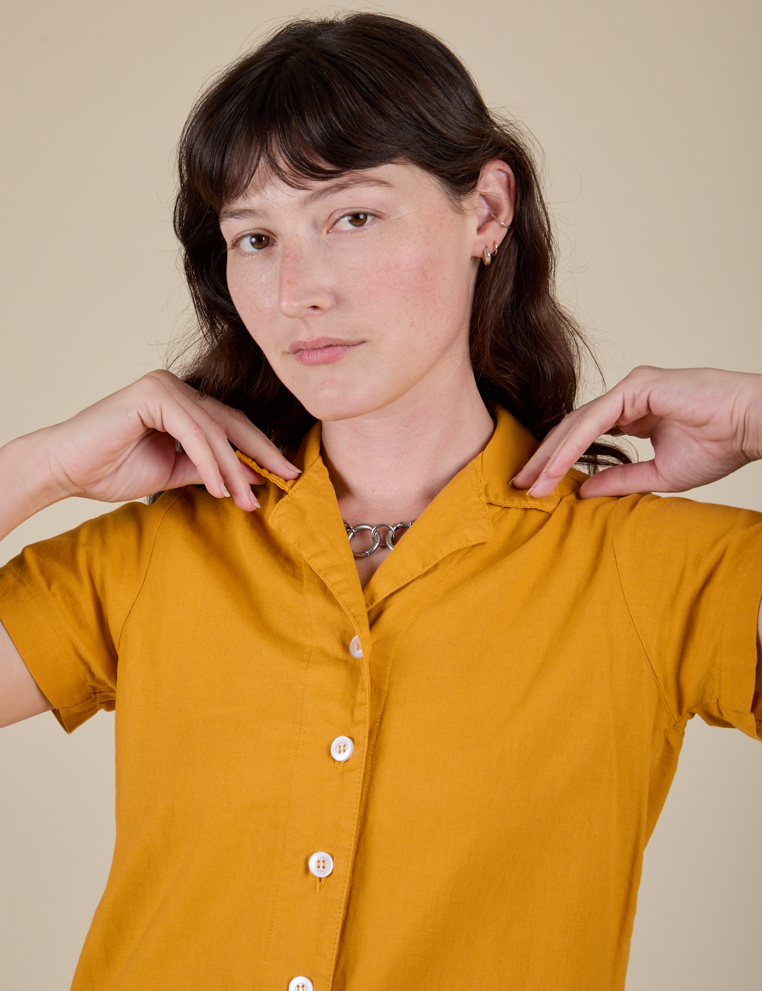 Pantry Button-Up in Mustard Yellow front close up on Alex