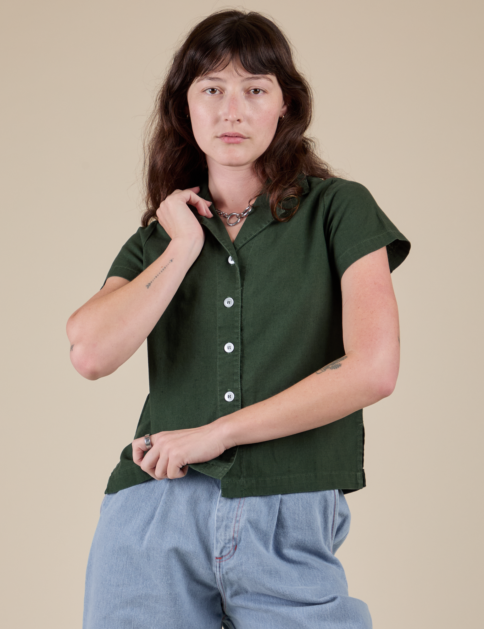 Pantry Button-Up in Swamp Green on Alex