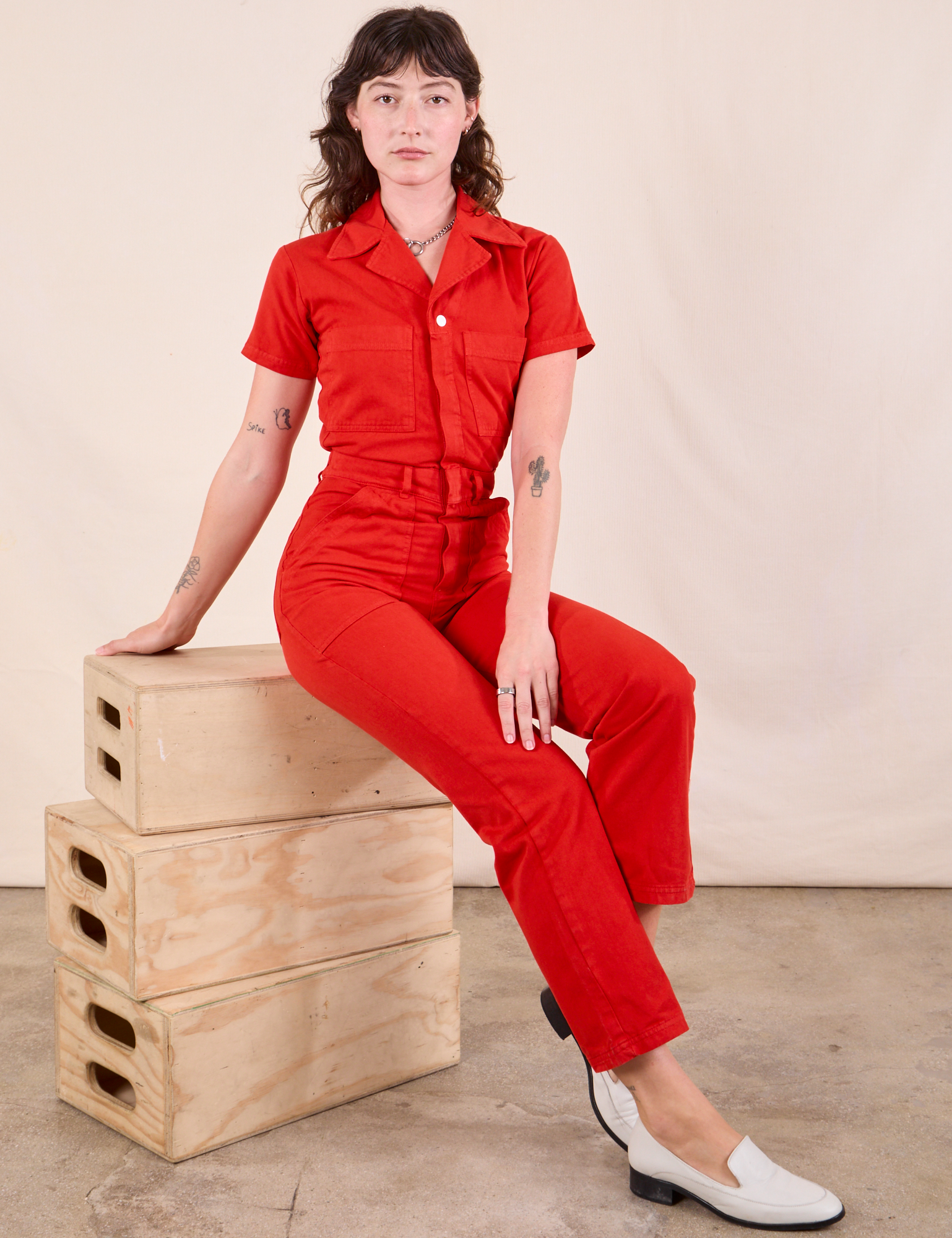 Red short sleeve jumpsuit on sale