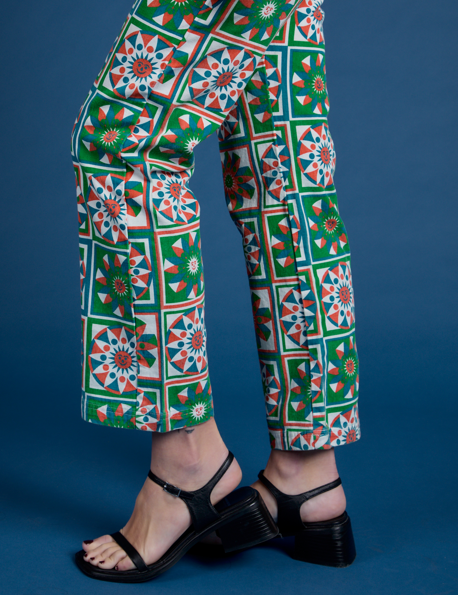 Work Pants in Quilt Print pant leg close up on Alex