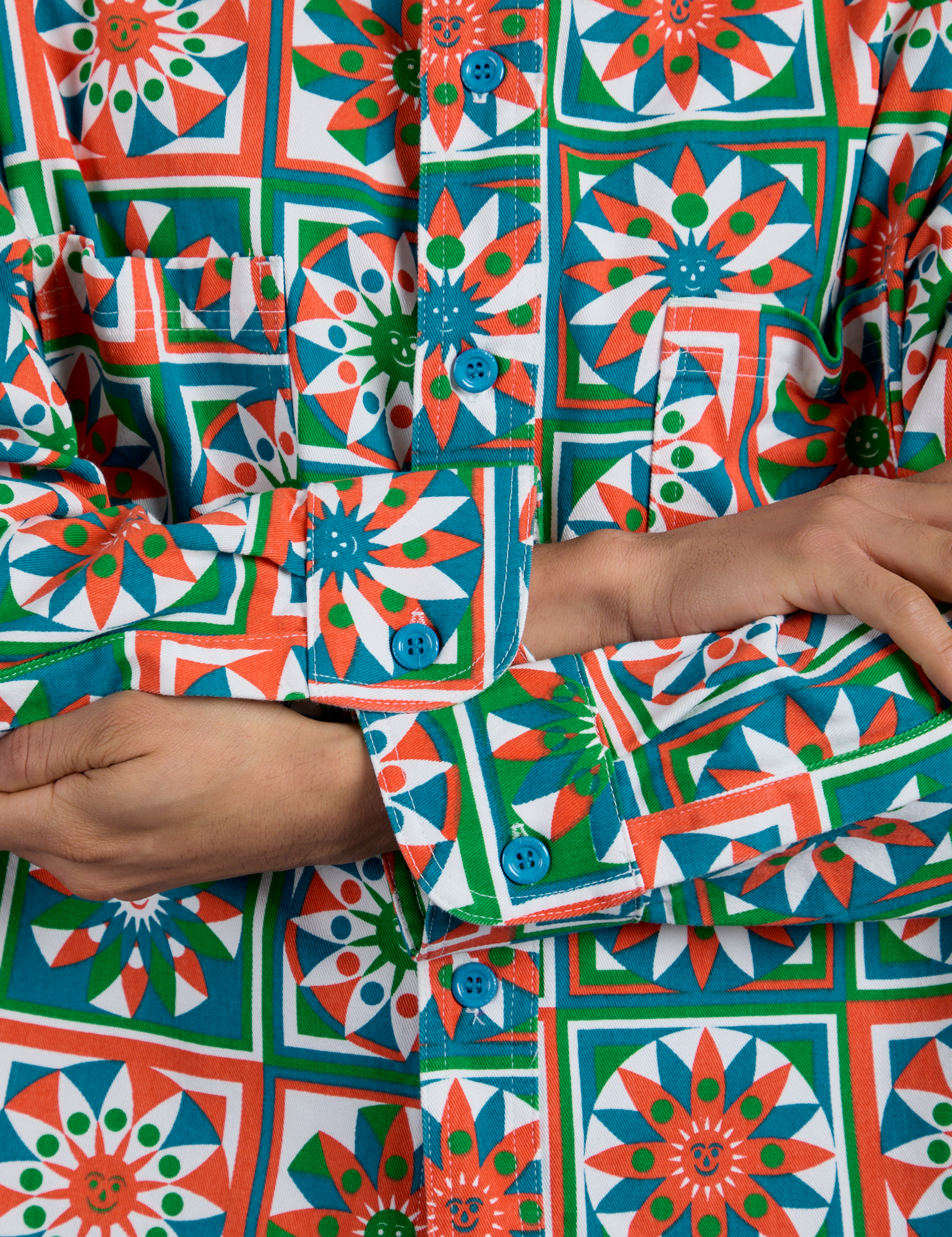 Cropped Overshirt in Quilt Print close up on Anthony