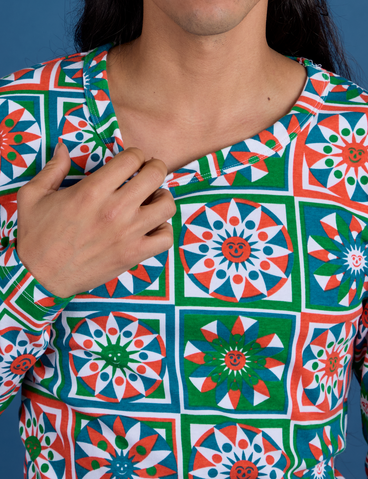 Long Sleeve Baby Tee in Quilt Print front close up on Anthony