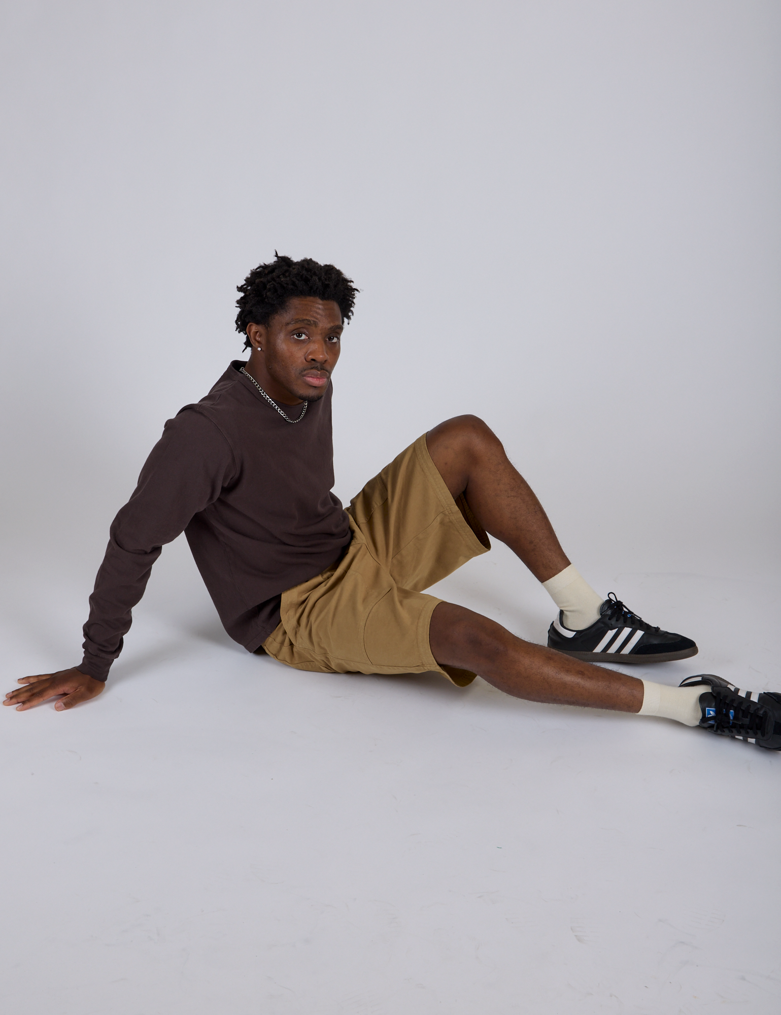 Longline Work Shorts in Desert Brown and espresso brown Long Sleeve Burly Tee on Isaac