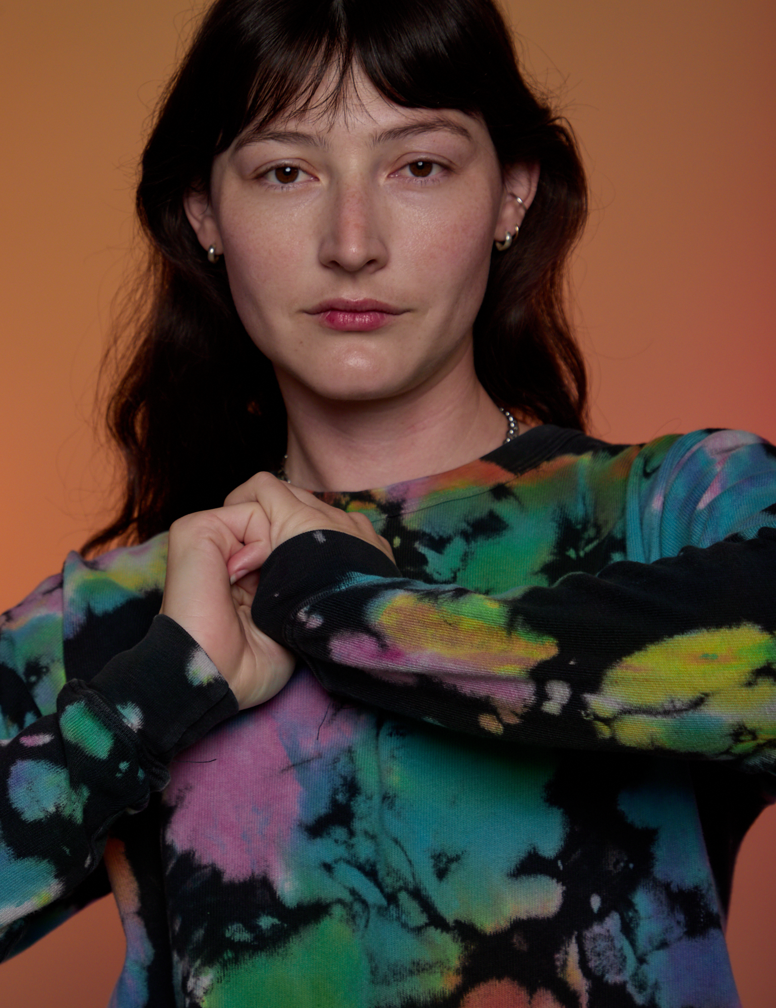 Magic Waters Long Sleeve Burly Tee in Rainbow close up on Alex