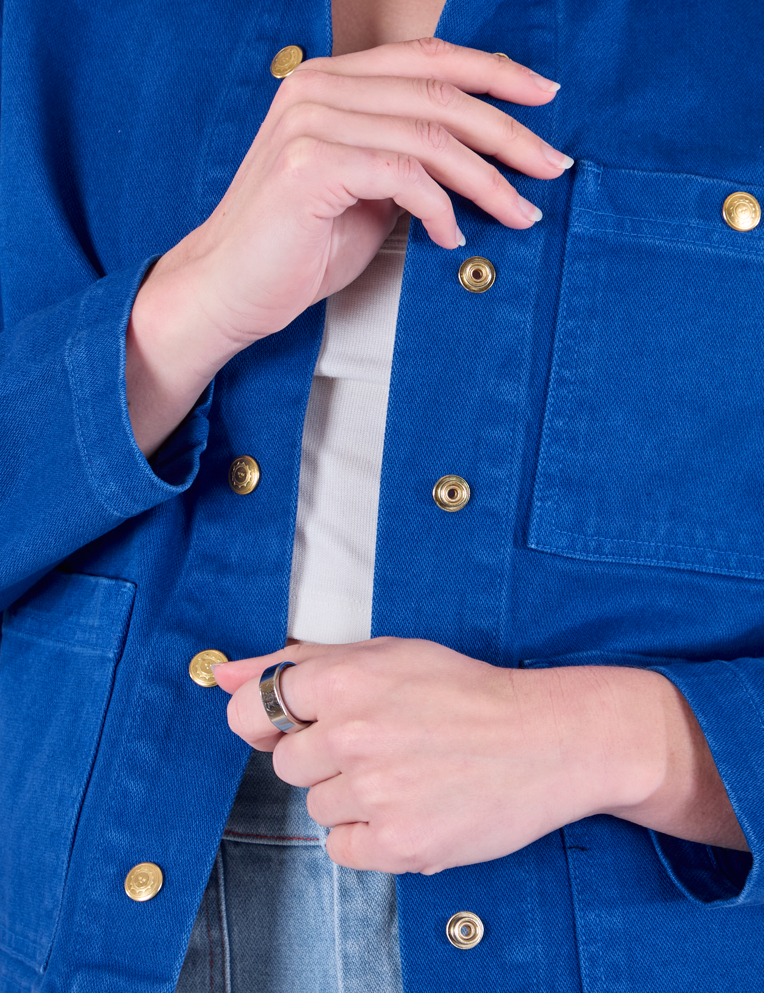 Denim Work Jacket in Royal Blue front close up on Alex