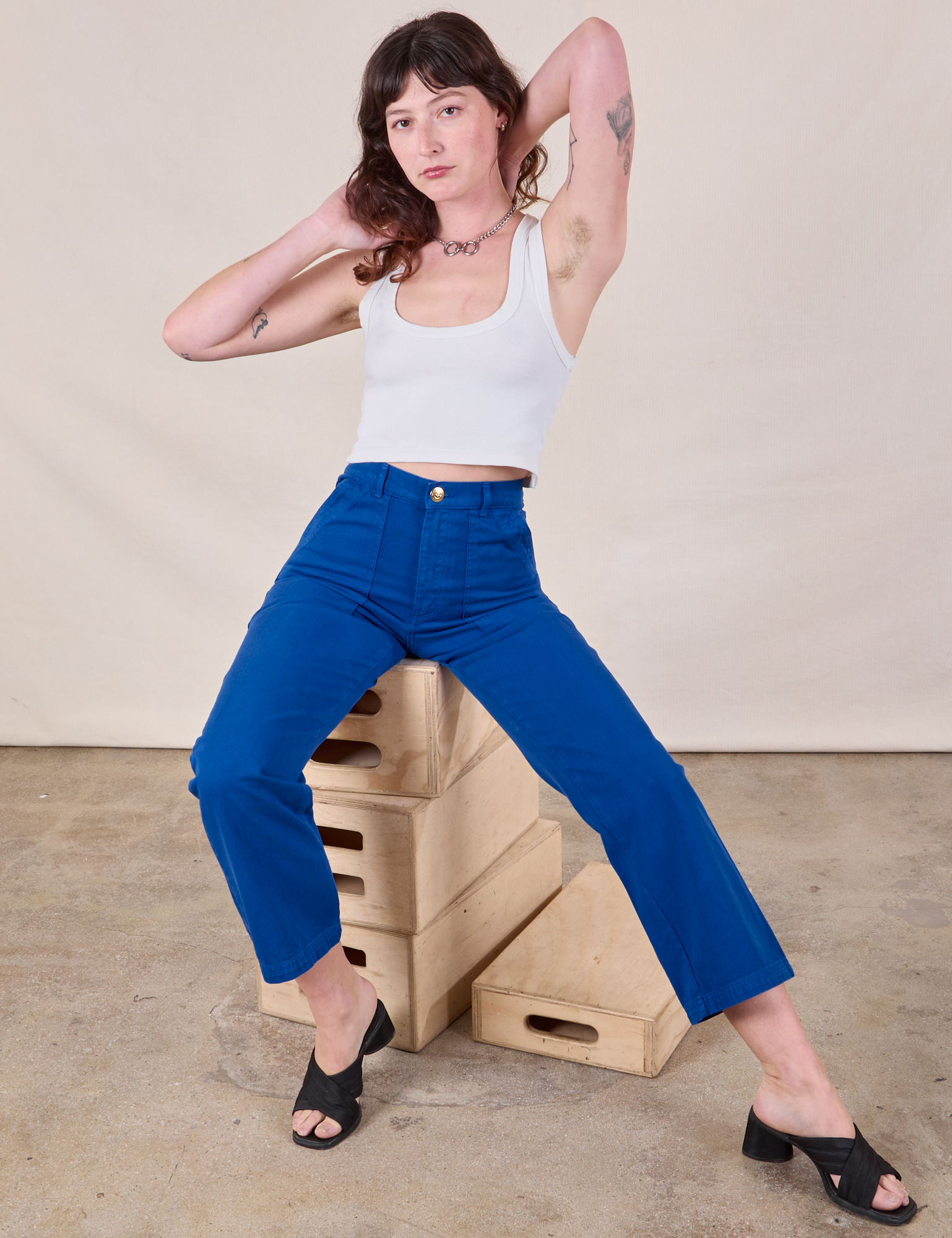 Work Pants in Royal Blue and Cropped Tank in Vintage Tee Off-White on Alex