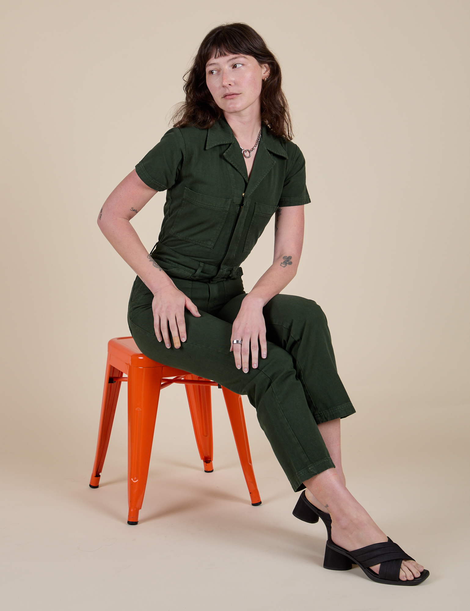 Short Sleeve Jumpsuit in Swamp Green worn by Alex