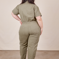 Back view of Short Sleeve Jumpsuit in Khaki Grey worn by Ashley