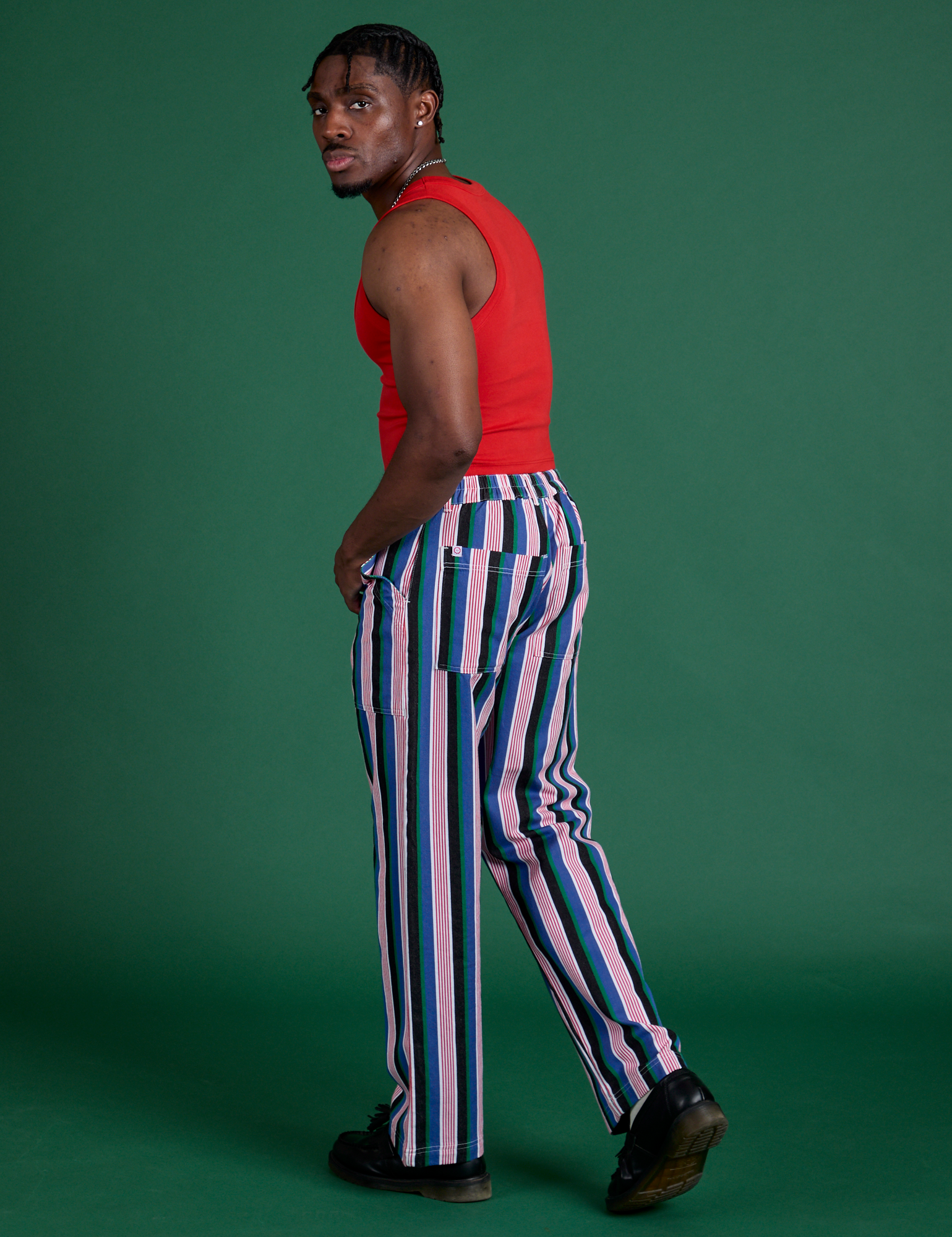 Angled back view of Work Pants in Pacific Stripe on Isaac