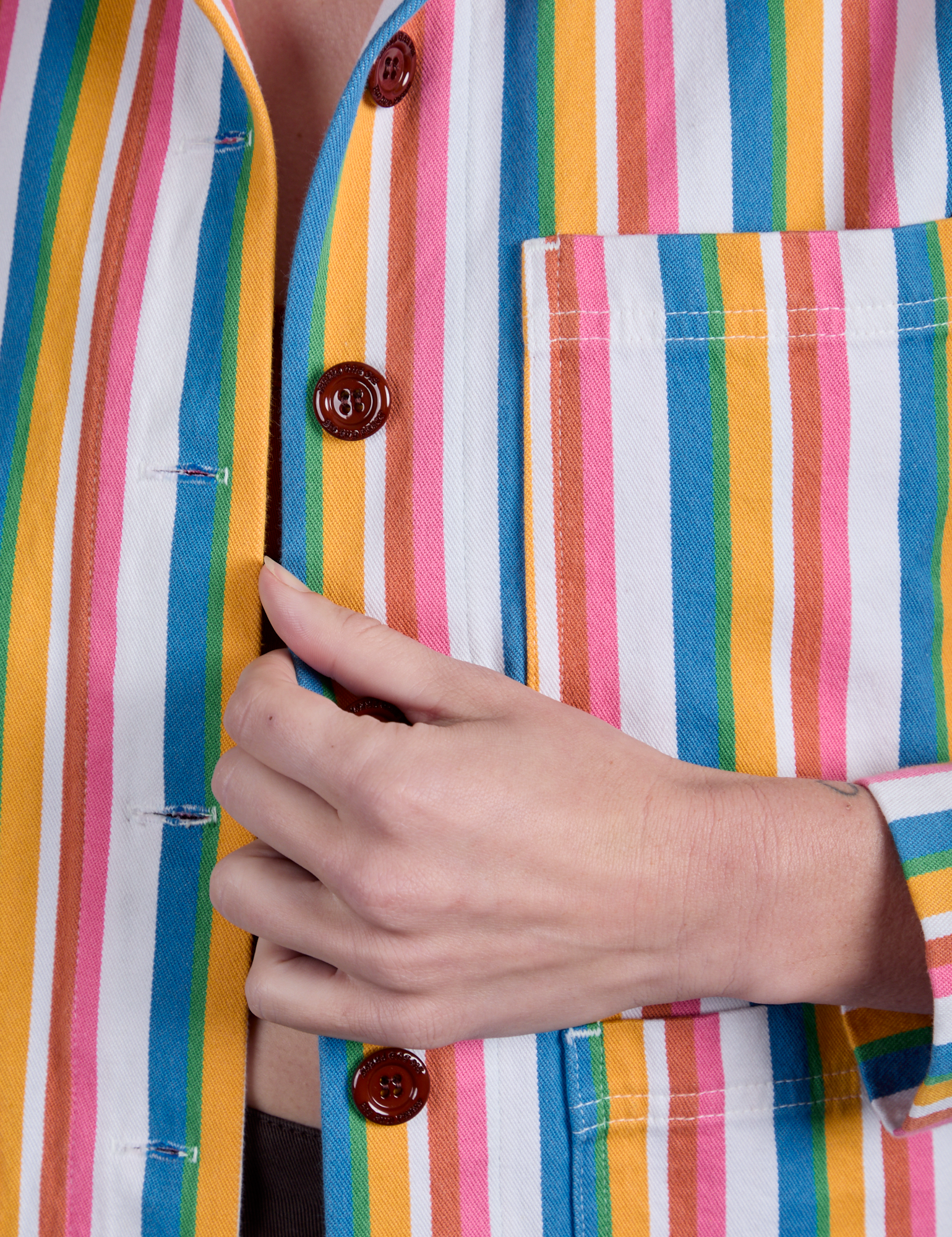 Stripe Work Jacket in Rainbow Stripe close up on Alex
