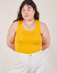 Ashley is 5’7” and wearing L Tank Top in Sunshine Yellow