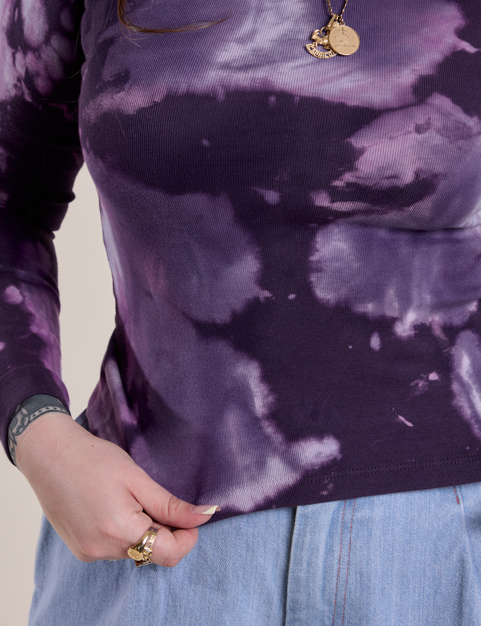 Long Sleeve Baby Tee in Dark Lavender close up on Sydney