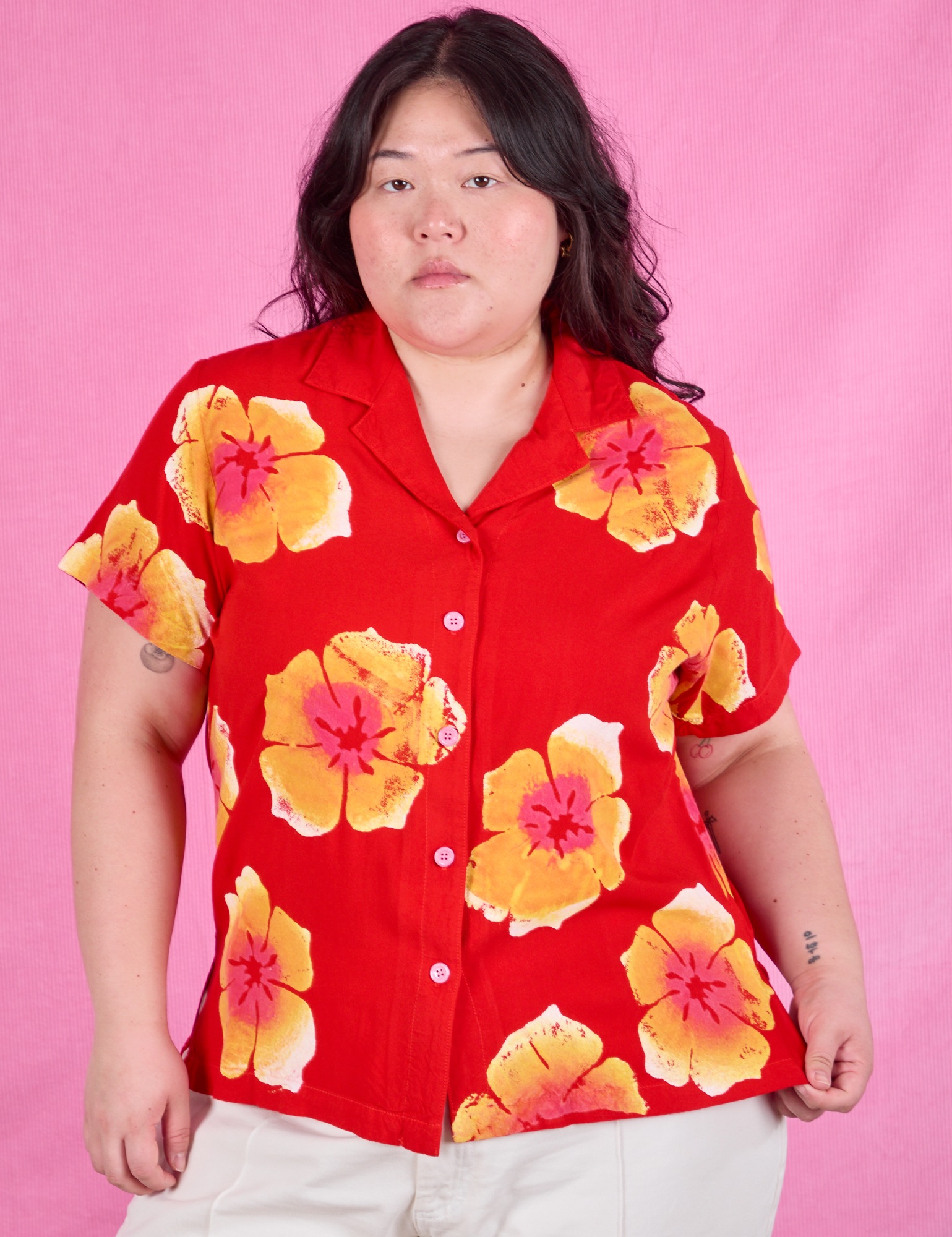 Paintstamped Pantry Button-Up in Mustang Red worn by Ashley