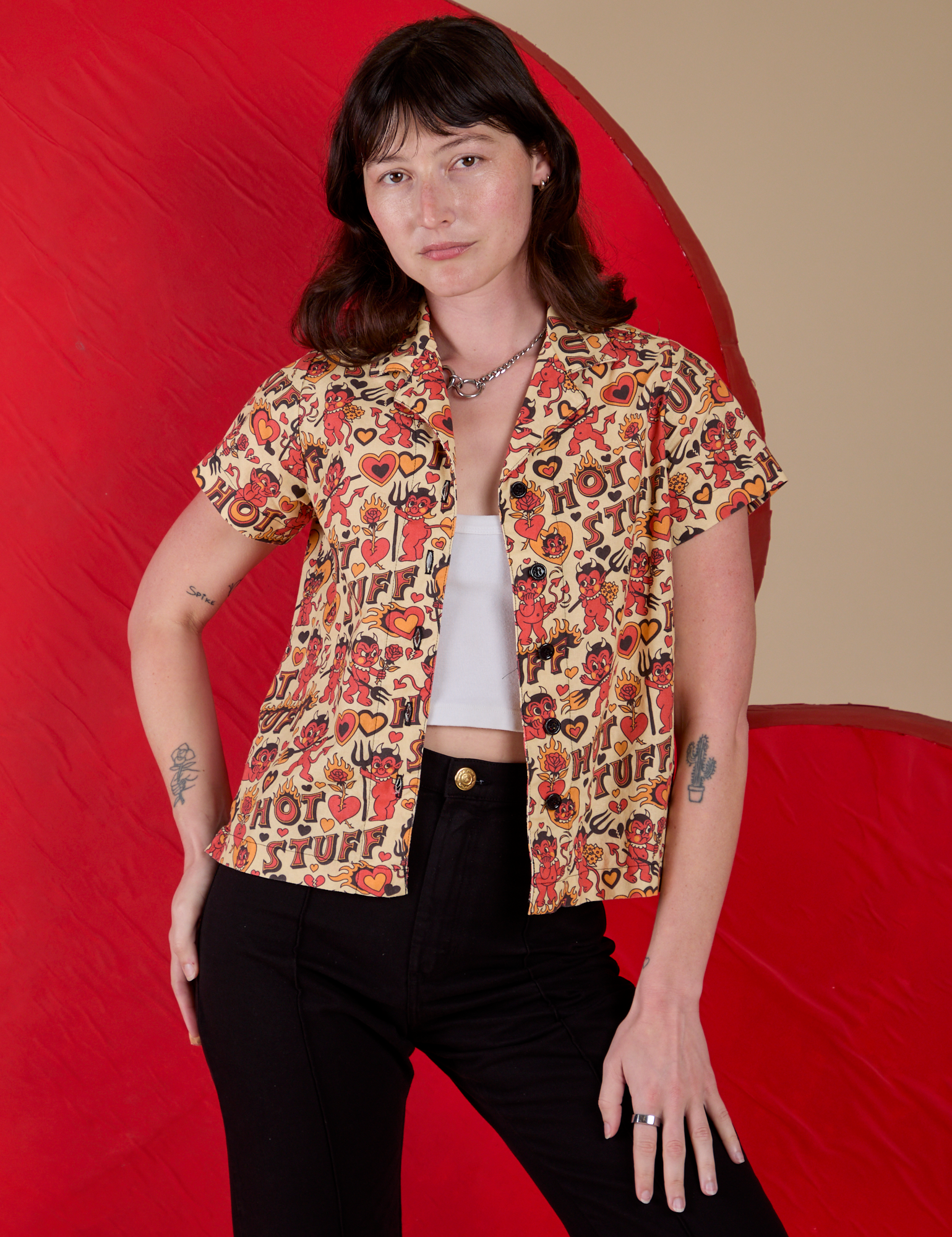 Alex is wearing Hot Stuff Print Pantry Button-Up