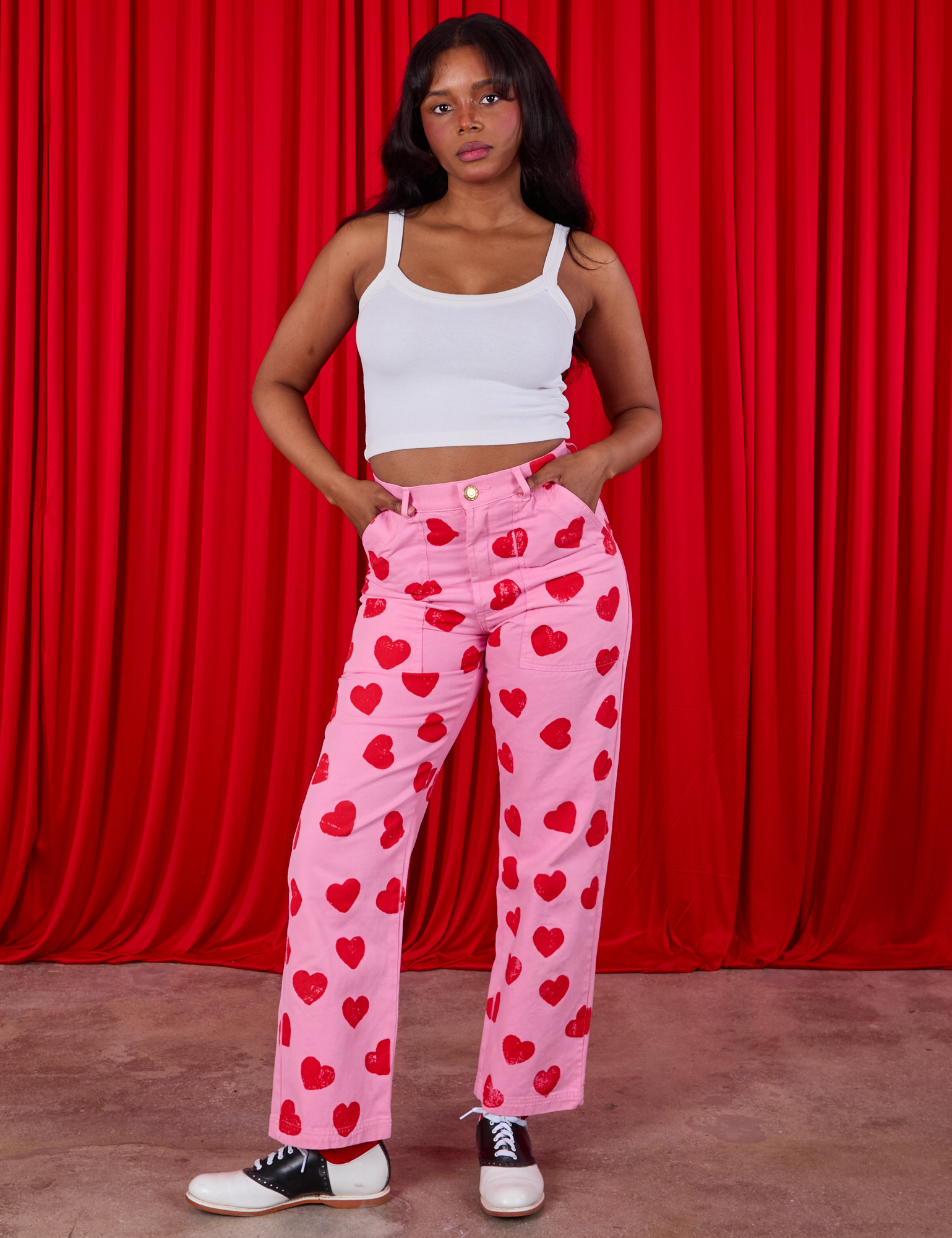 Paintstamped Heart Work Pants in Bubblegum Pink worn by Kandia