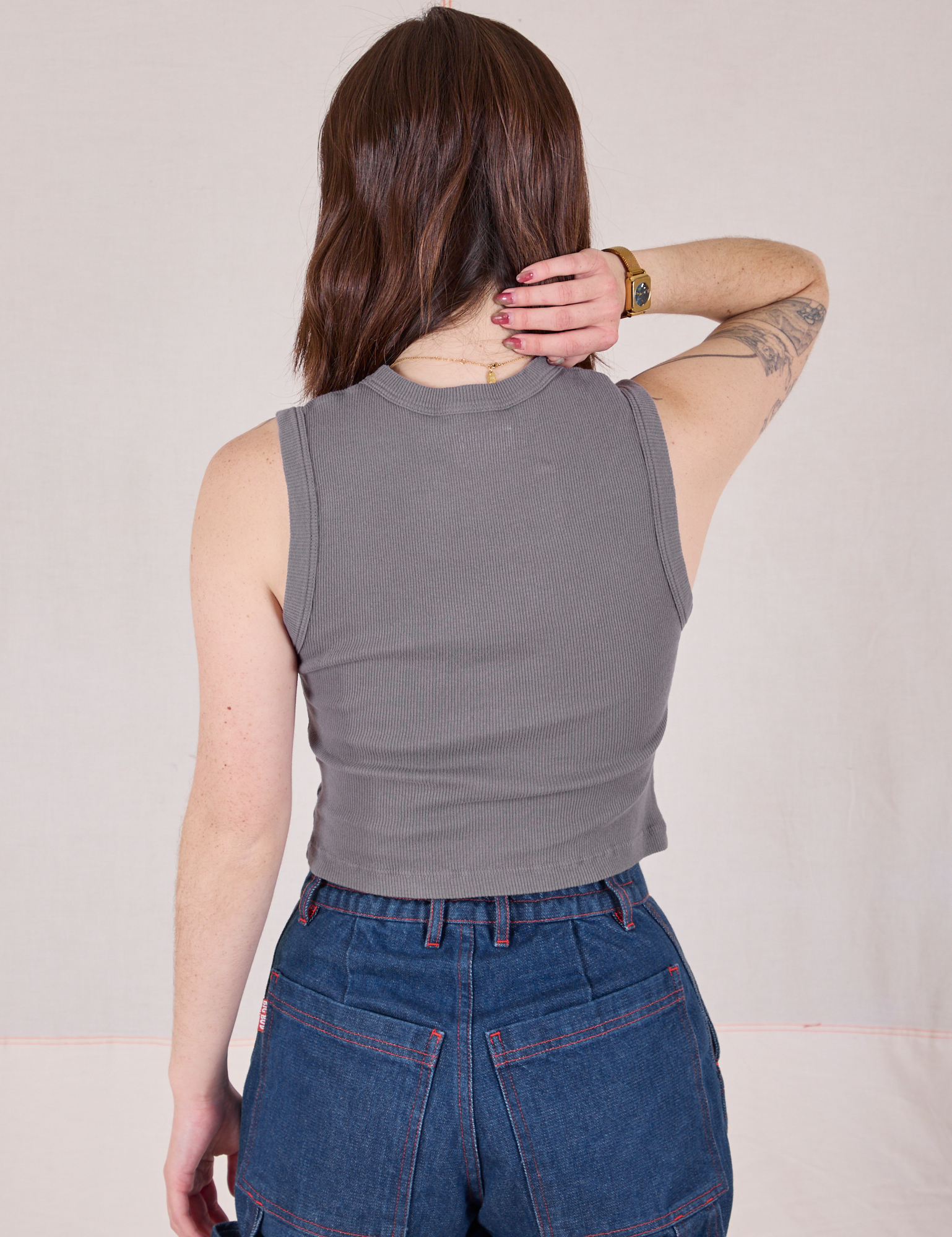 Muscle Tee in Washed Grey back view on Hana