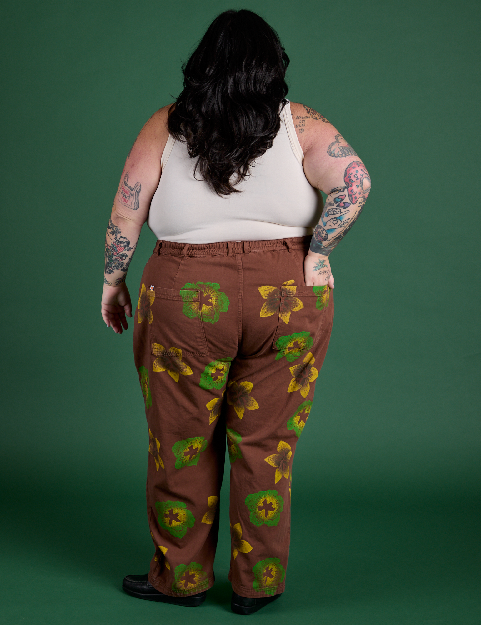 Floral Painted Work Pants in Brown back view on Sam