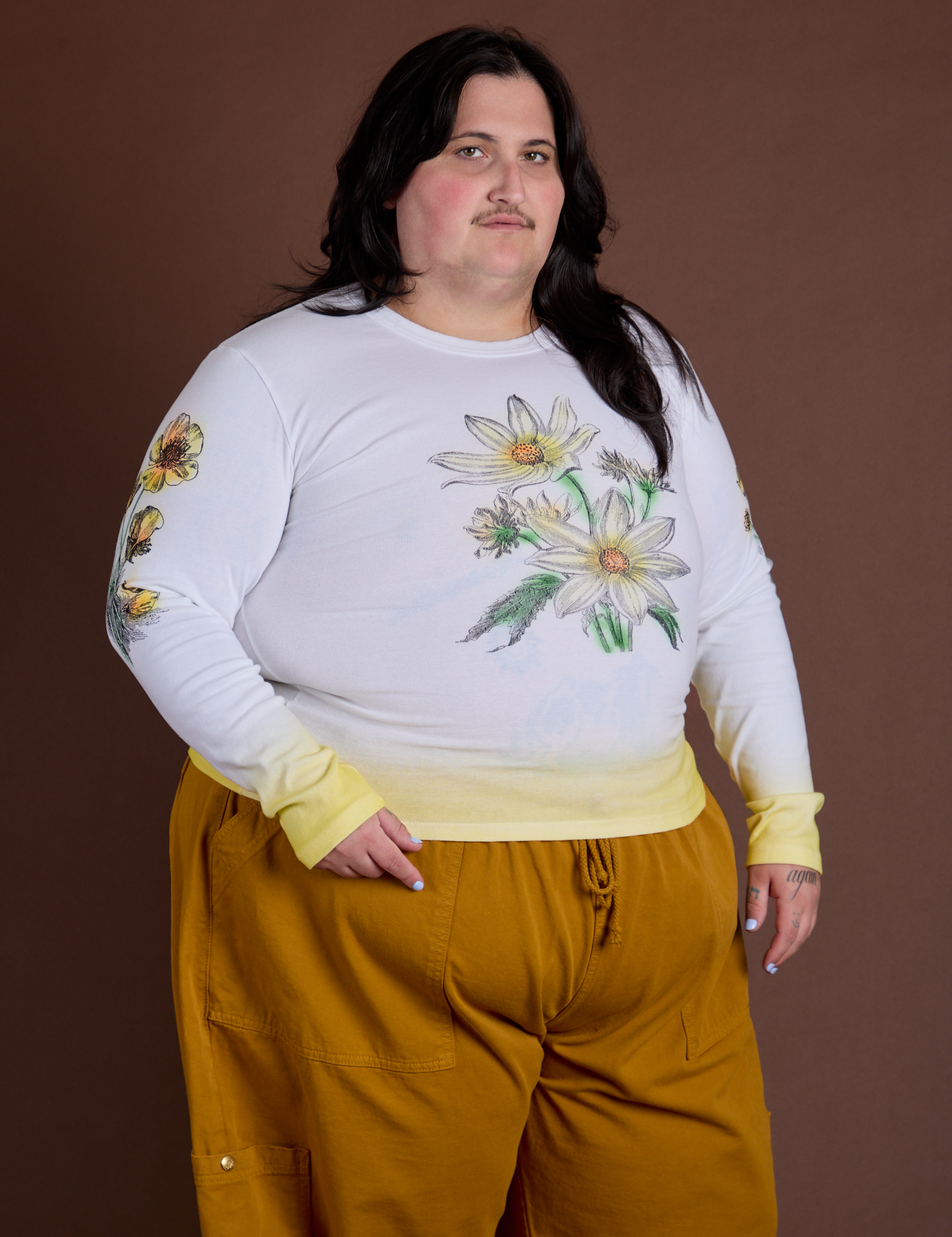 Floral Long Sleeve Baby Tee in Yellow angled front view on Sam