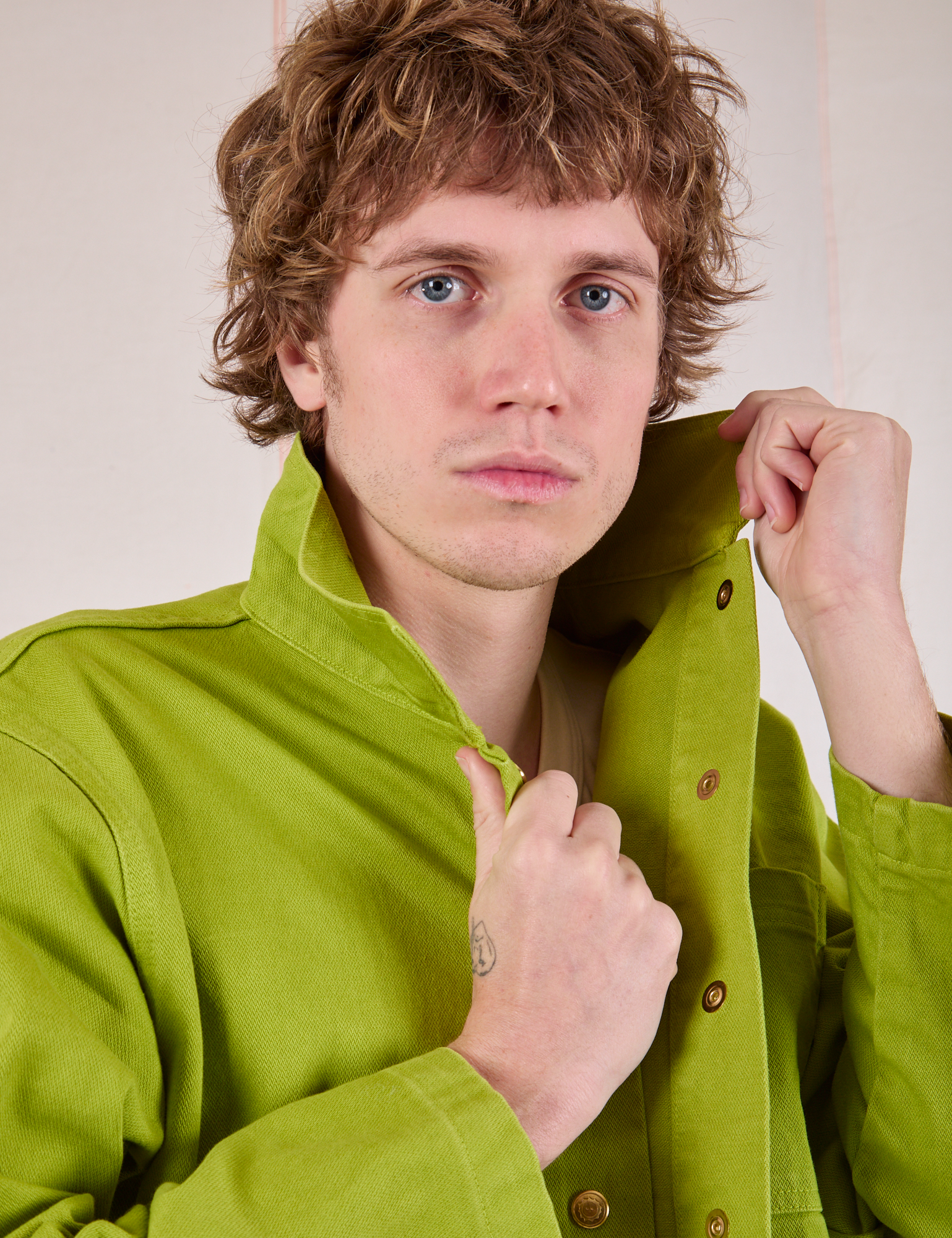 Denim Work Jacket in Gross Green close up on Quinn