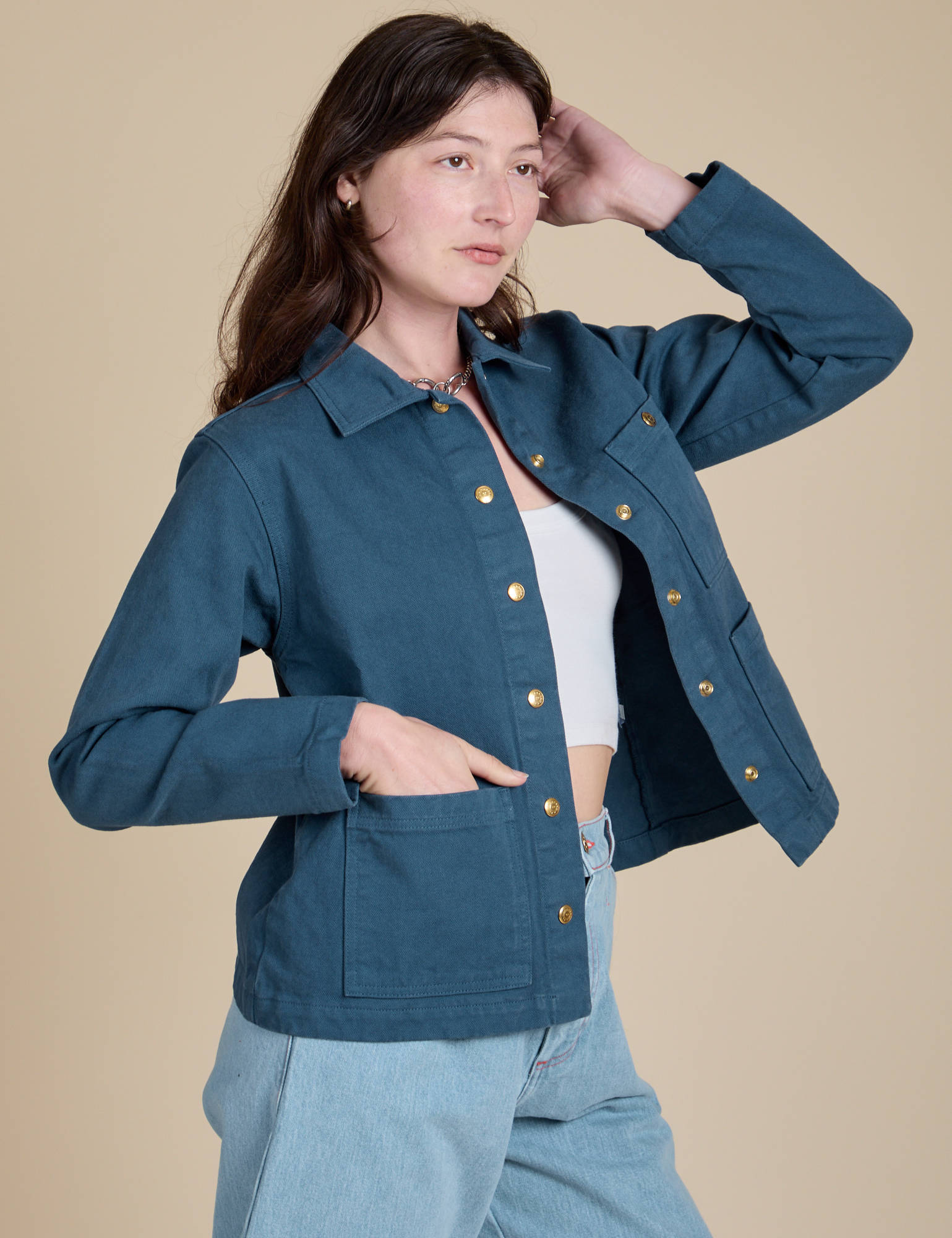 Angled front view of Denim Work Jacket in French Blue on Alex