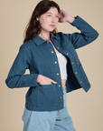 Angled front view of Denim Work Jacket in French Blue on Alex