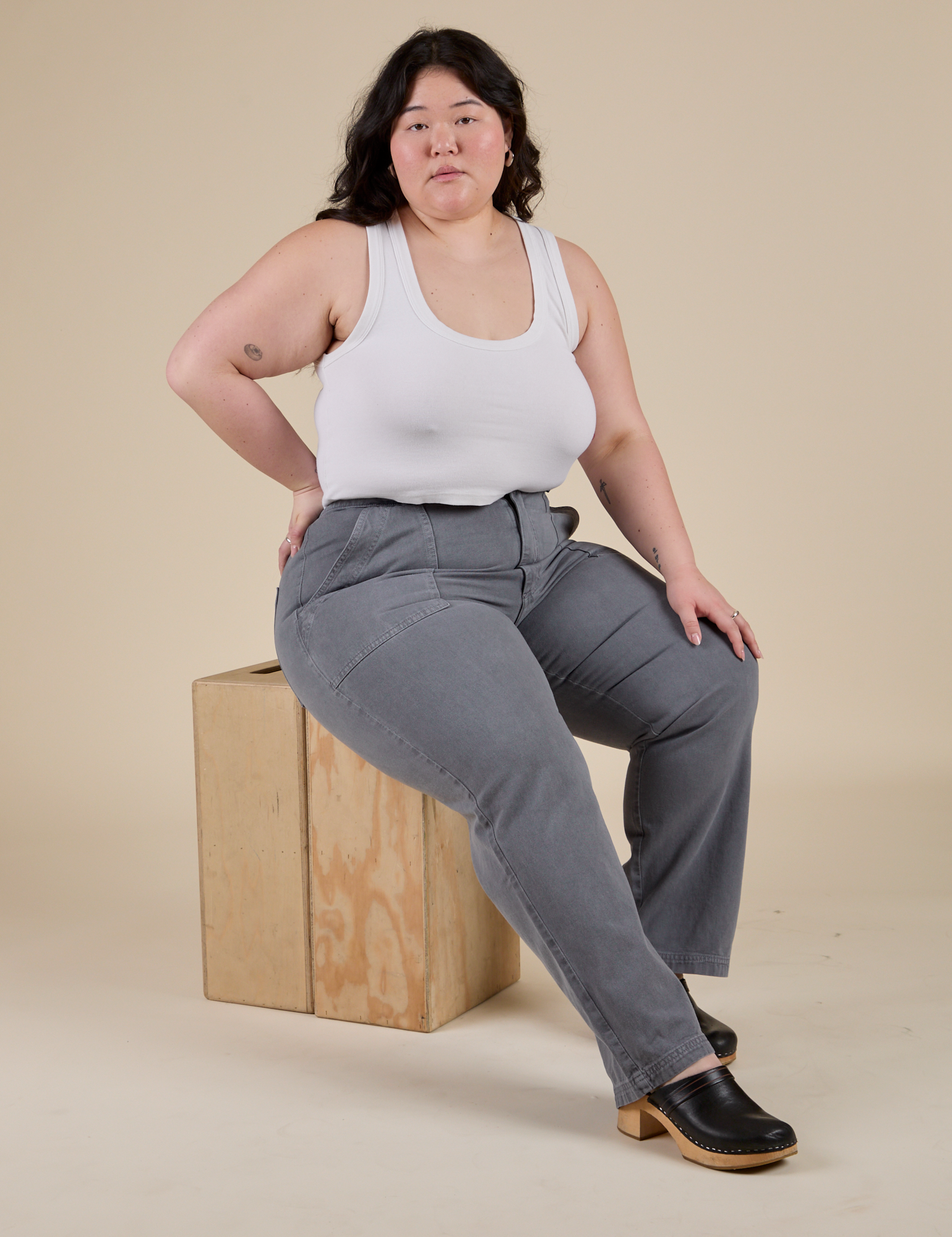 Work Pants in Washed Grey and Cropped Tank in Vintage Tee White on Ashley