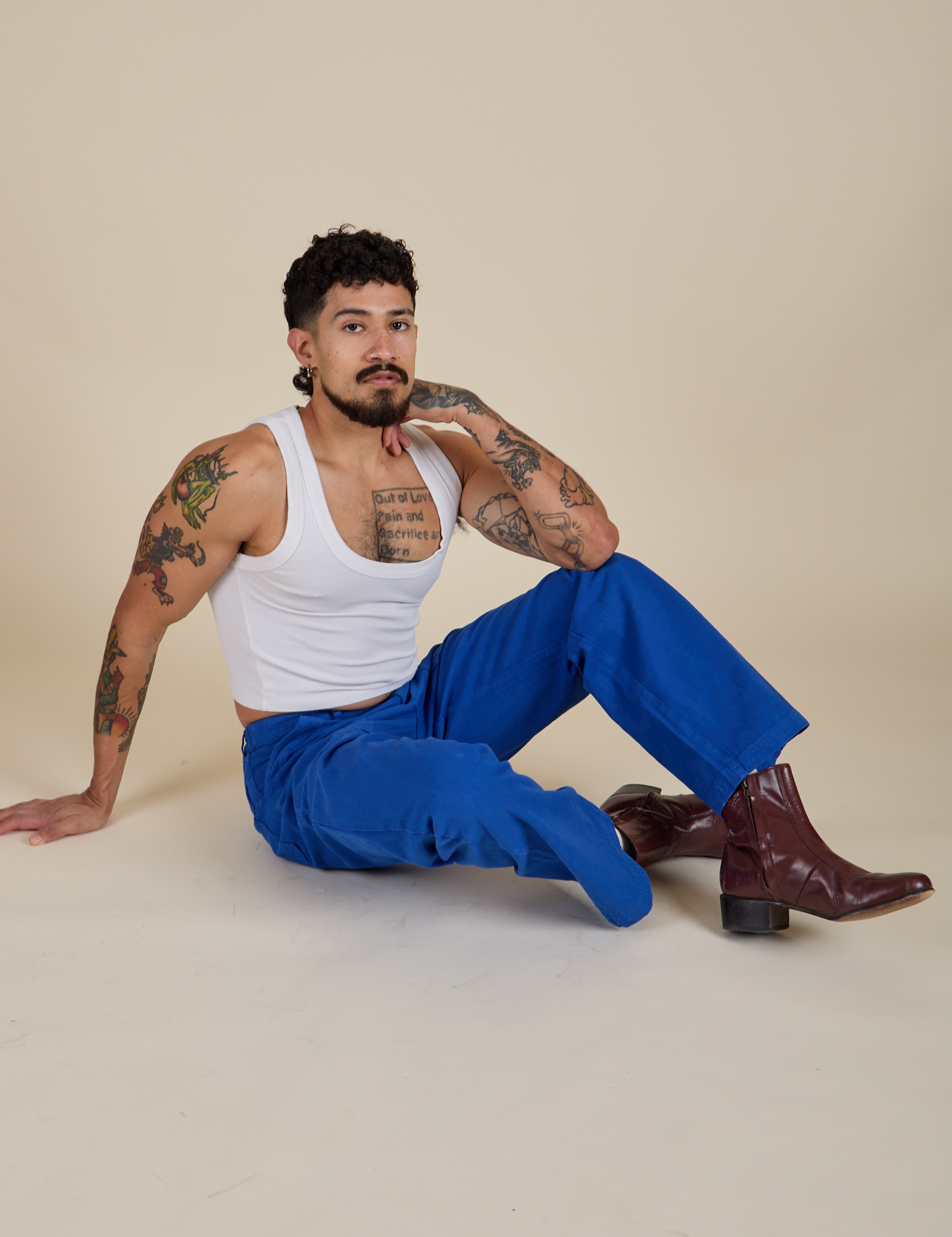 Work Pants in Royal Blue and vintage tee white Cropped Tank on Jesse