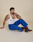 Work Pants in Royal Blue and vintage tee white Cropped Tank on Jesse