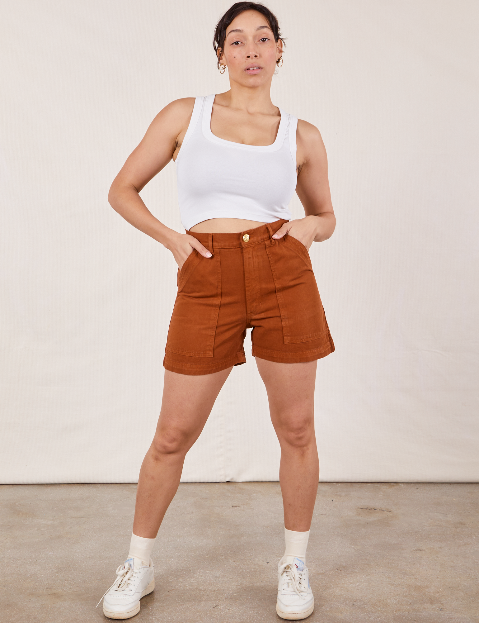 Tiara is 5’4” and wearing S Classic Work Shorts in Burnt Terracotta paired with Cropped Tank Top in vintage tee off-white