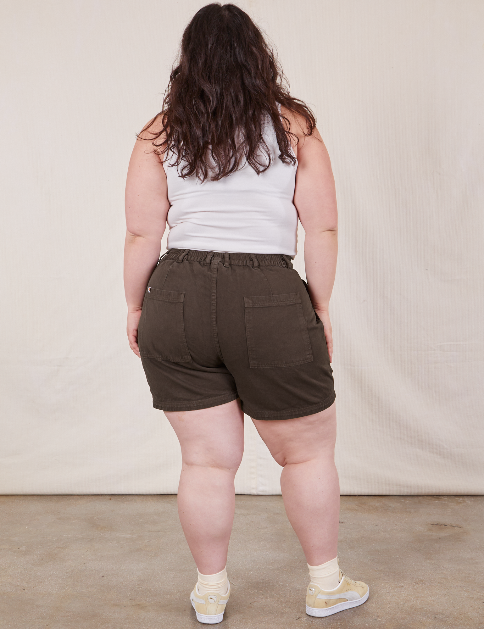 Back view of Classic Work Shorts in Espresso Brown and Cropped Tank Top in vintage tee off-white on Ashley