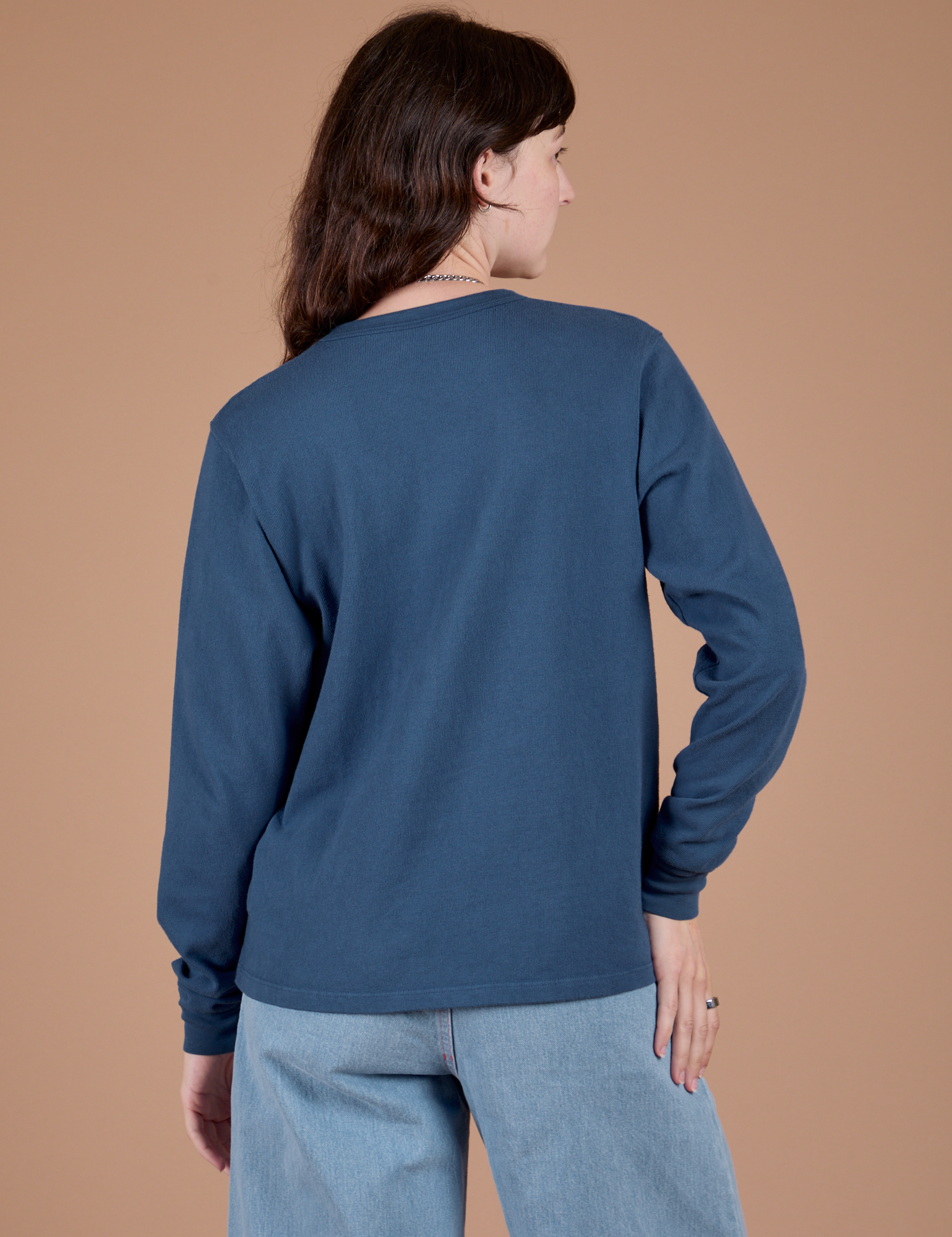 Long Sleeve Burly Tee in French Blue back view on Alex