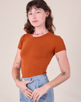 Baby Tee in Burnt Terracotta angled front view on Alex