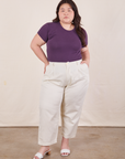 Ashley is wearing Baby Tee in Nebula Purple and vintage off-white Trousers