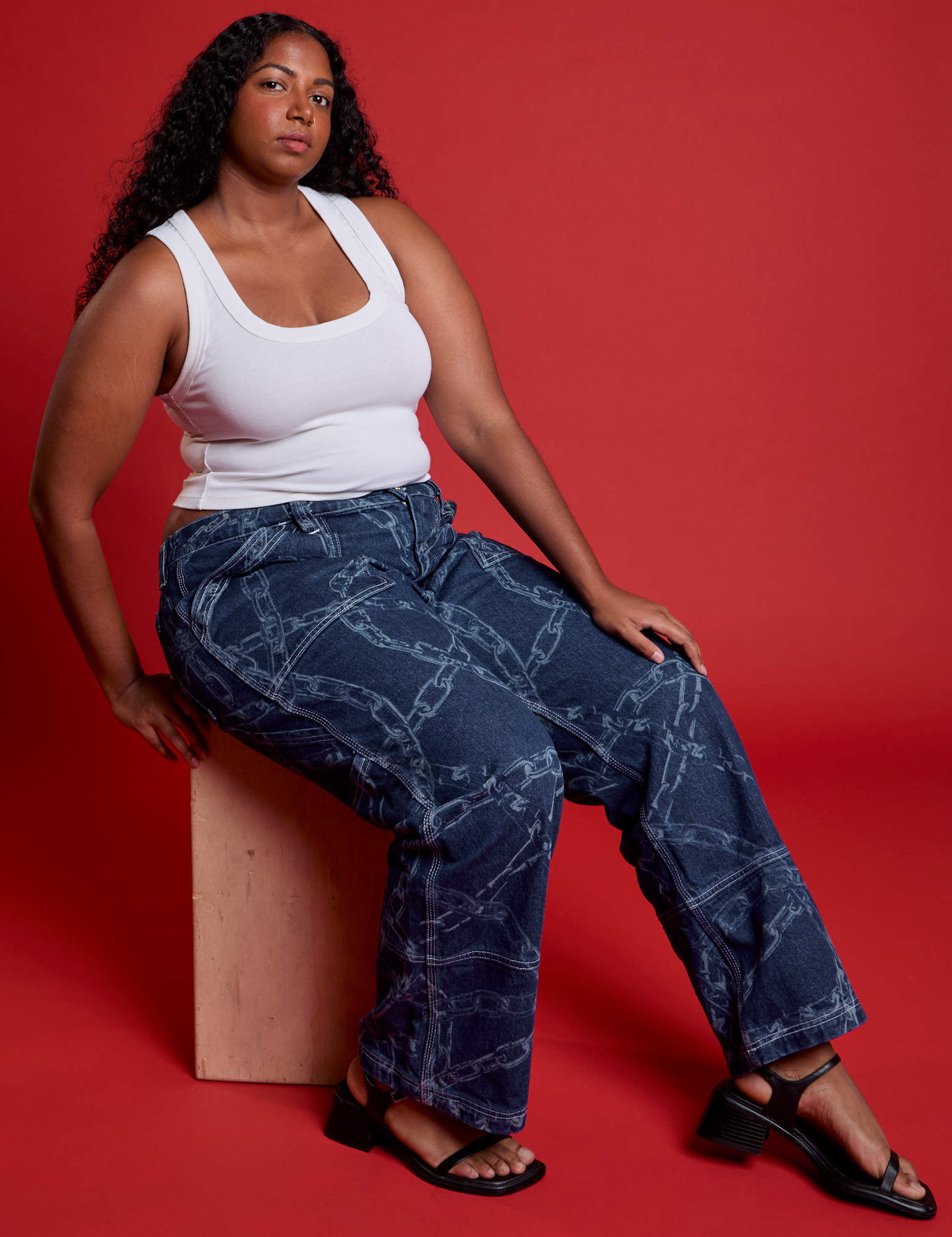 Meghna is wearing Mid-Rise Carpenter Jeans in Chain Link and Cropped Tank in Vintage Tee White