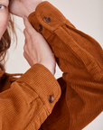 Corduroy Overshirt in Burnt Terracotta sleeves close up on Alex