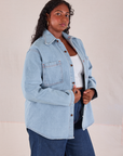 Denim Overshirt in Light Wash angled front view on Meghna